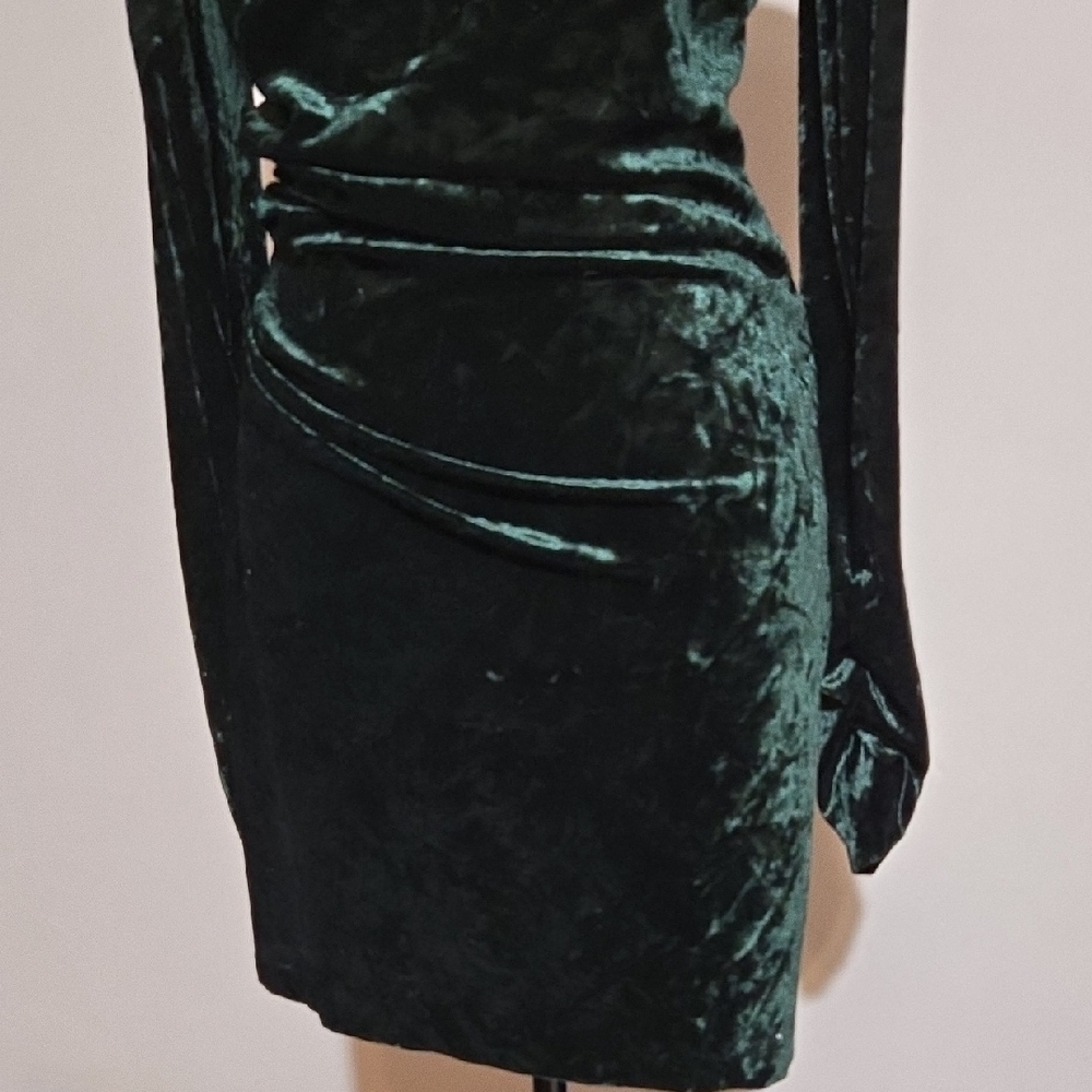 DR2 NWT Zara Emerald Green Side Zip Draped Dress Sz Sm Velvet Ruched Sleeve - Picture 5 of 13